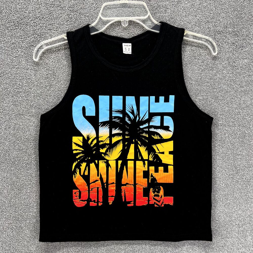 SHEIN Tank Top Girls 10 Y Black Sun summer beach palms Graphic Shirt Basic
